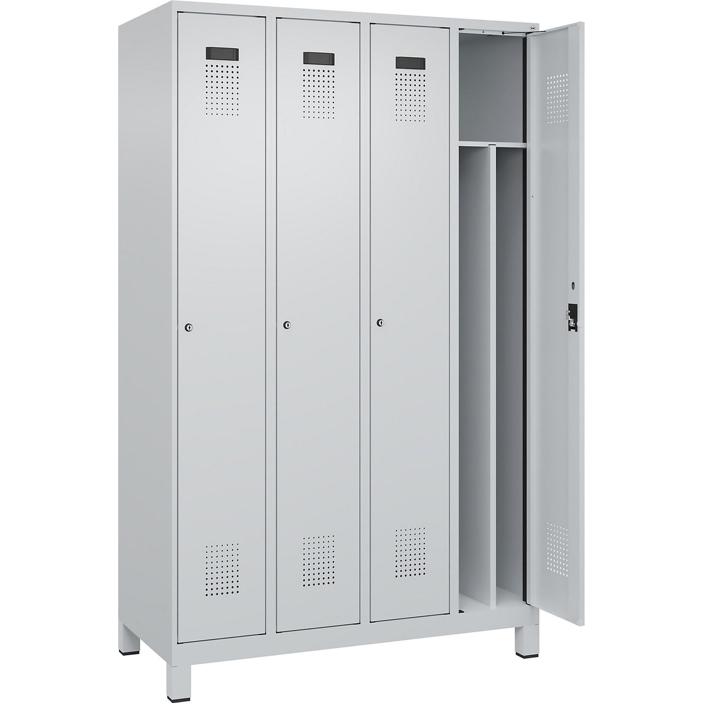Evolo PLUS clean and dirty clothes locker, narrow, 4 compartments, shortened centre divider, light grey, W 1200 mm, with wide feet, cylinder lock.