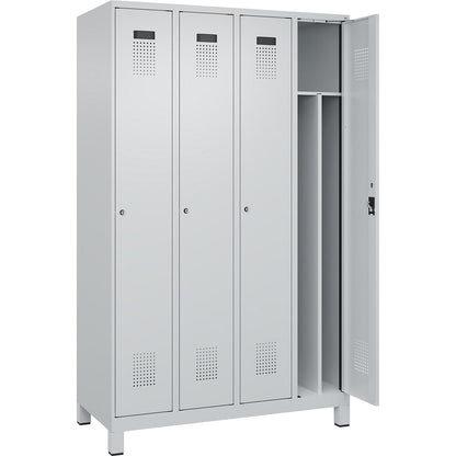 Evolo PLUS clean and dirty clothes locker, narrow, 4 compartments, shortened centre divider, light grey, W 1200 mm, with wide feet, cylinder lock.
