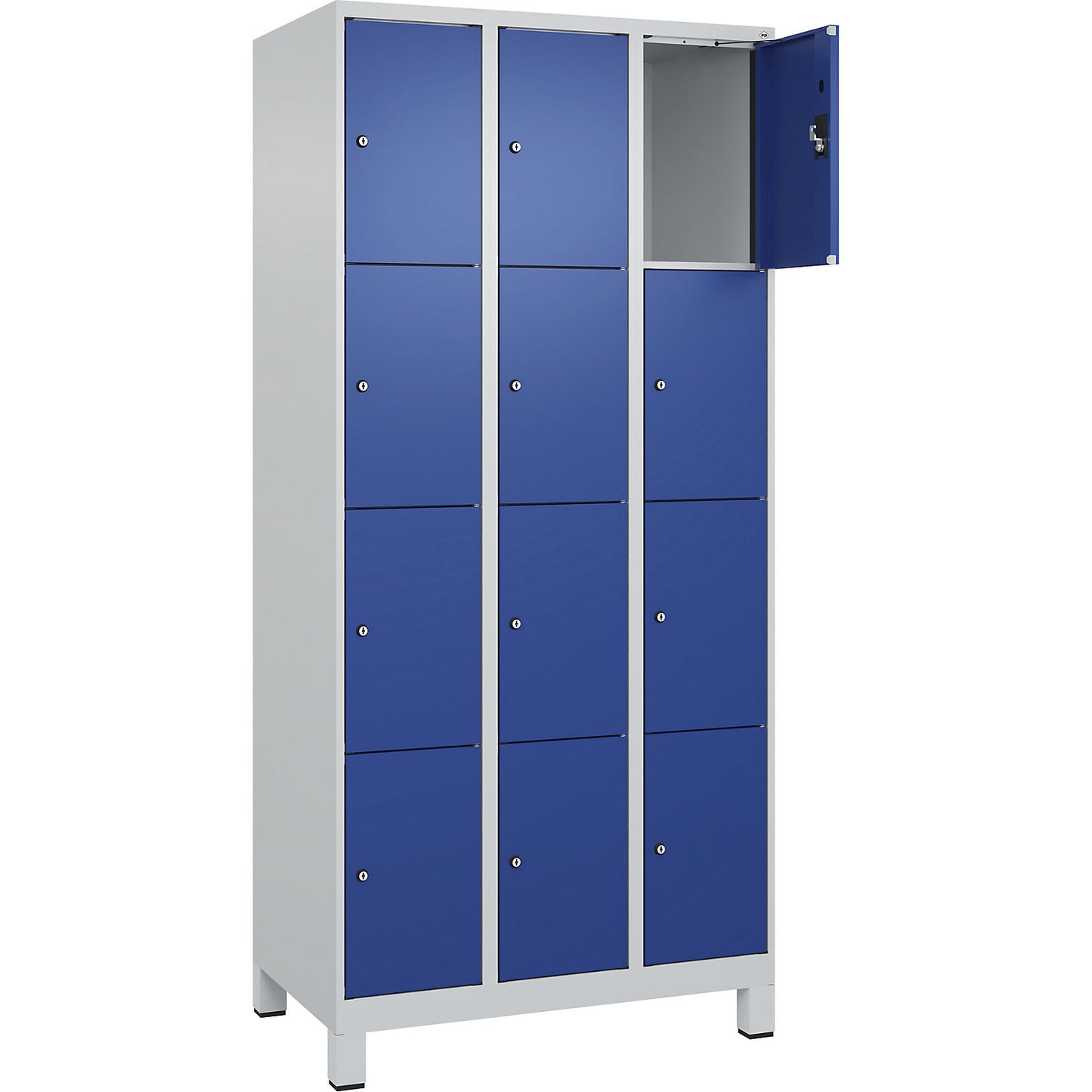 Evolo PLUS 4-fold compartment locker, 3 compartments, light grey / gentian blue, W 900 mm, 12 compartments, with wide feet, cylinder lock.