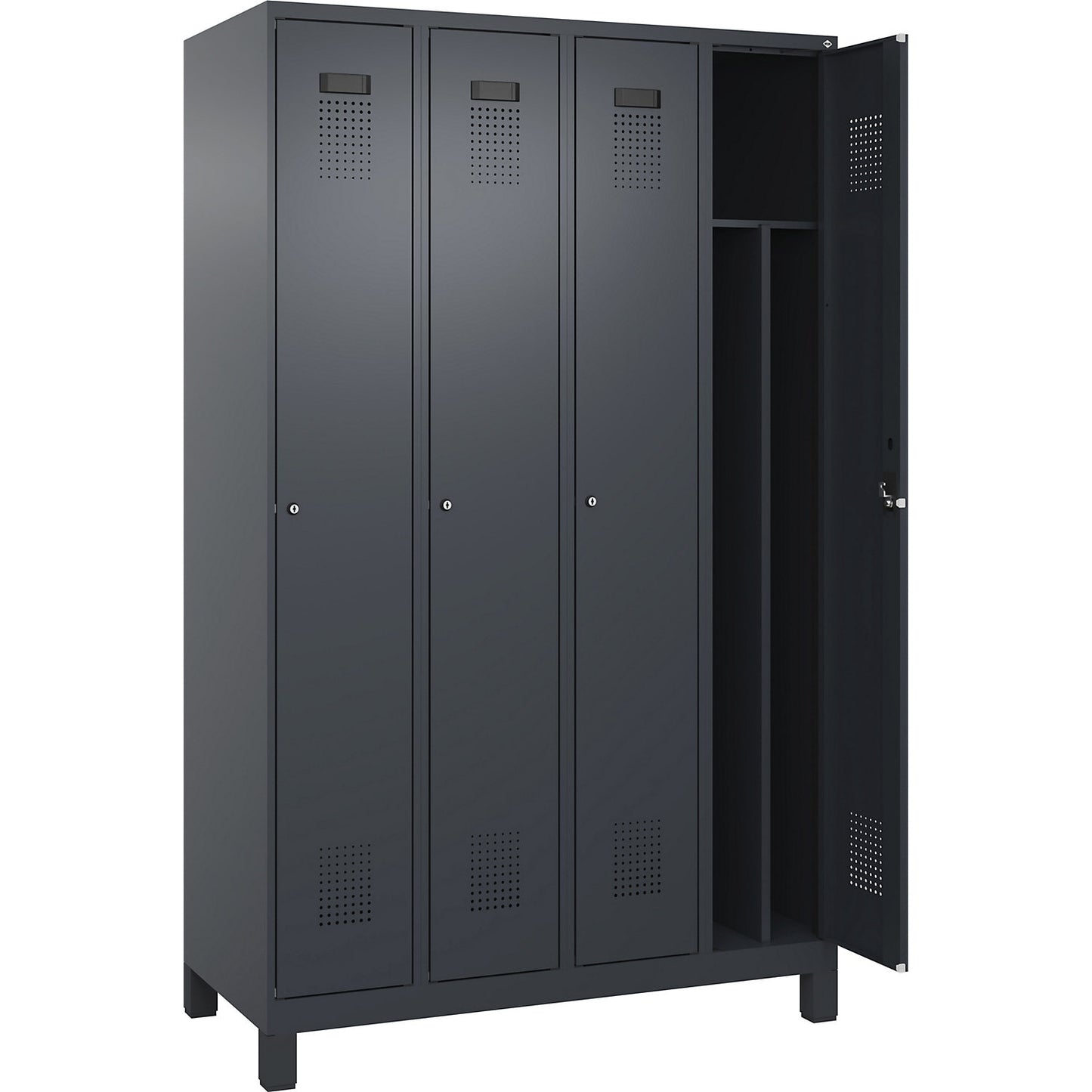 Evolo PLUS clean and dirty clothes locker, narrow, 4 compartments, shortened centre divider, grey, W 1200 mm, with wide feet, cylinder lock.