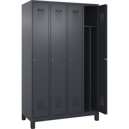 Evolo PLUS clean and dirty clothes locker, narrow, 4 compartments, shortened centre divider, grey, W 1200 mm, with wide feet, cylinder lock.