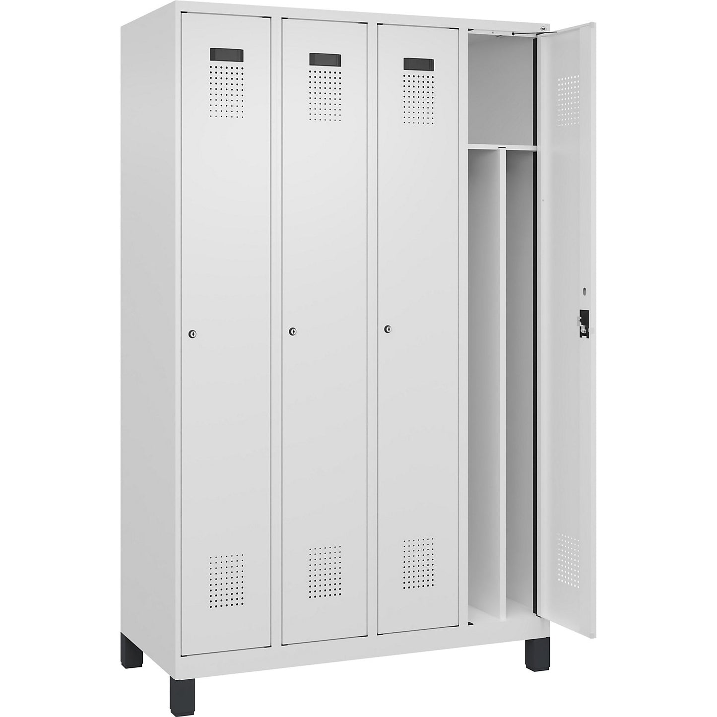 Evolo PLUS clean and dirty clothes locker, narrow, 4 compartments, shortened centre divider, white, W 1200 mm, with wide feet, cylinder lock.