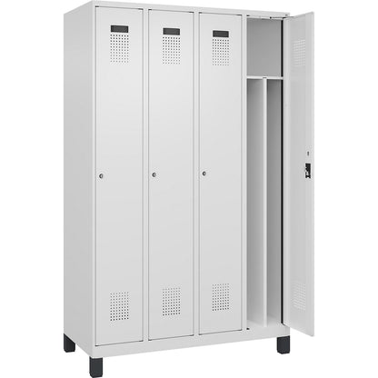 Evolo PLUS clean and dirty clothes locker, narrow, 4 compartments, shortened centre divider, white, W 1200 mm, with wide feet, cylinder lock.