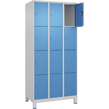 Evolo PLUS 4-fold compartment locker, 3 compartments, light grey / light blue, W 900 mm, 12 compartments, with wide feet, cylinder lock.
