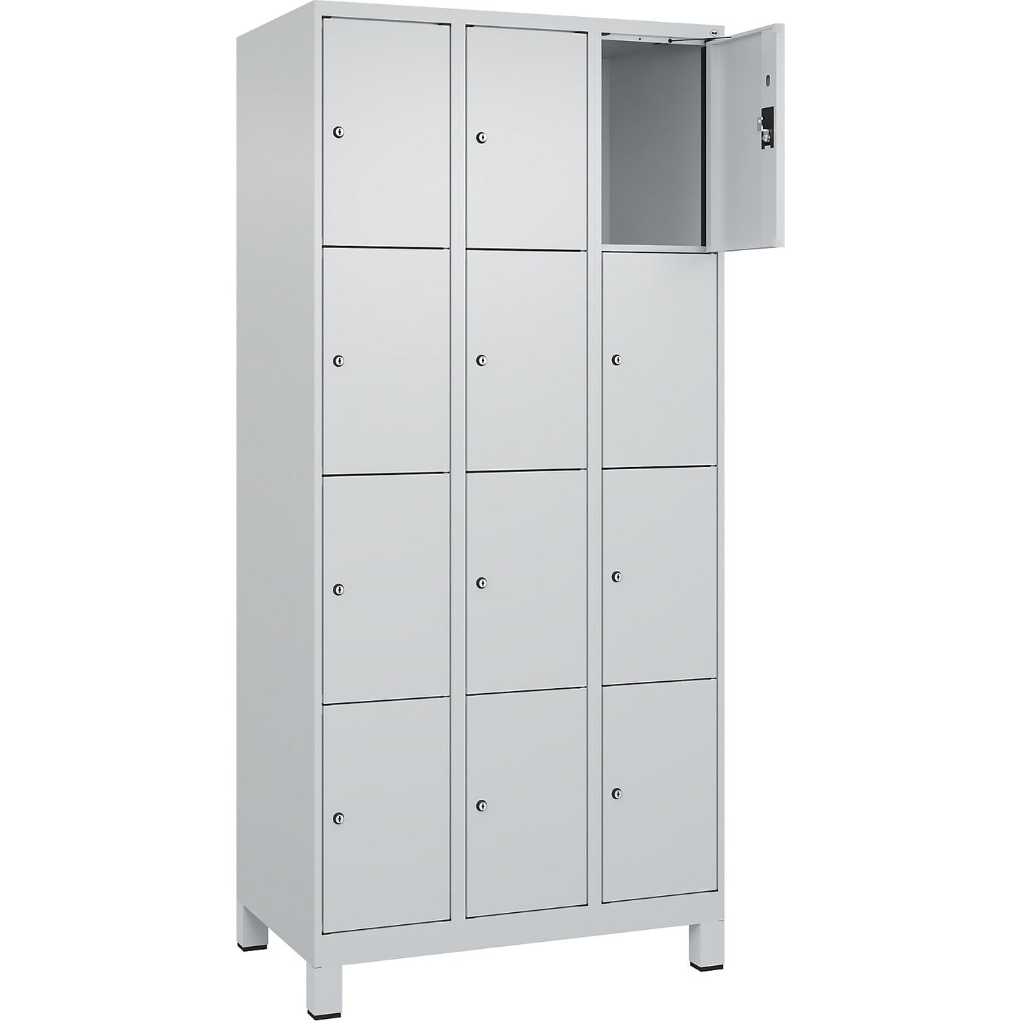 Evolo PLUS 4-fold compartment locker, 3 compartments, light grey, W 900 mm, 12 compartments, with wide feet, cylinder lock.
