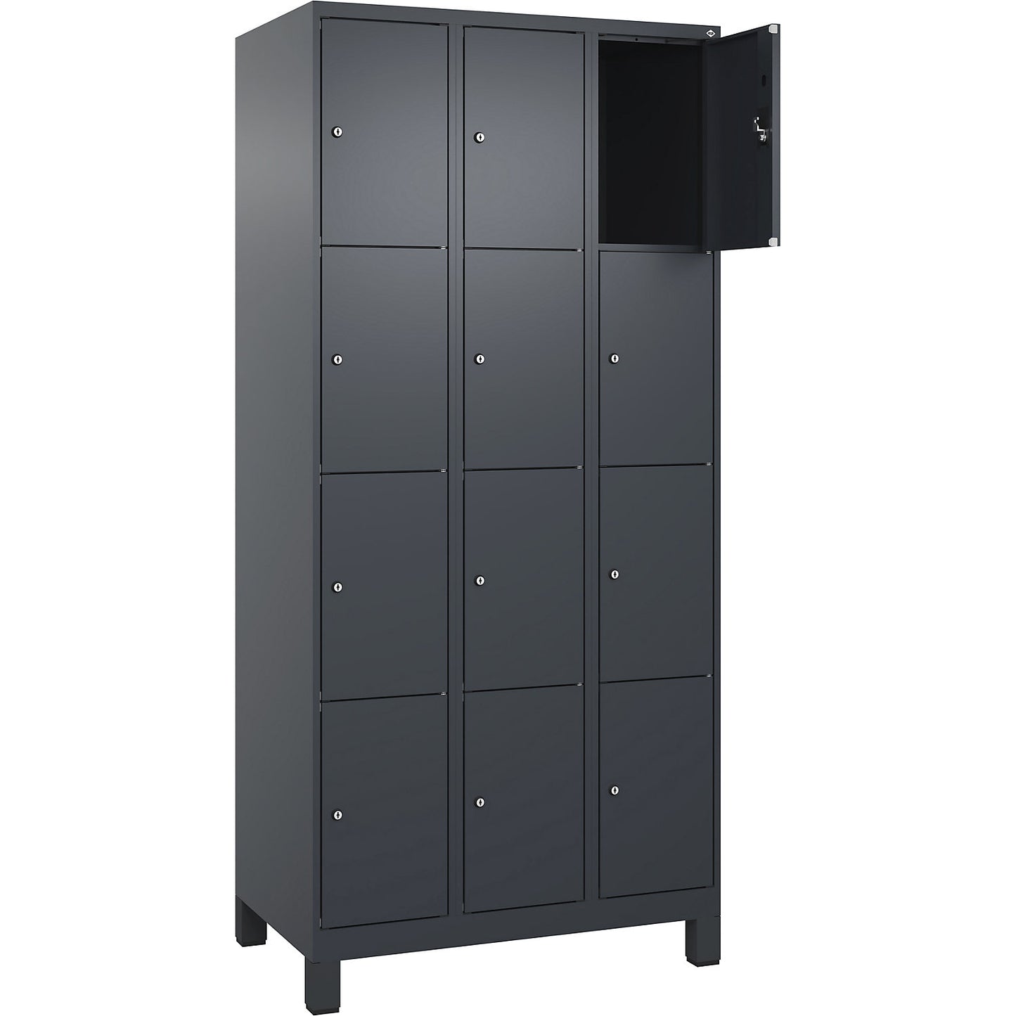 Evolo PLUS 4-fold compartment locker, 3 compartments, grey, W 900 mm, 12 compartments, with wide feet, cylinder lock.