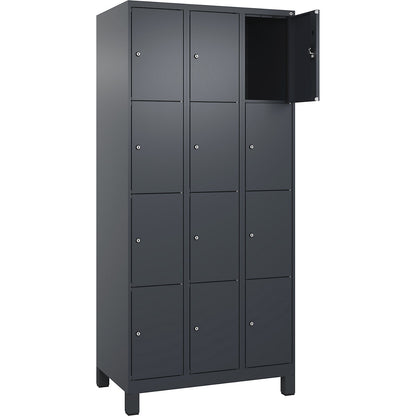 Evolo PLUS 4-fold compartment locker, 3 compartments, grey, W 900 mm, 12 compartments, with wide feet, cylinder lock.