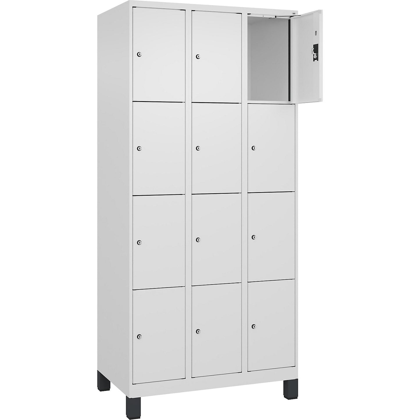 Evolo PLUS 4-fold compartment locker, 3 compartments, white, W 900 mm, 12 compartments, with wide feet, cylinder lock.