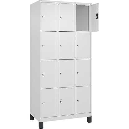 Evolo PLUS 4-fold compartment locker, 3 compartments, white, W 900 mm, 12 compartments, with wide feet, cylinder lock.