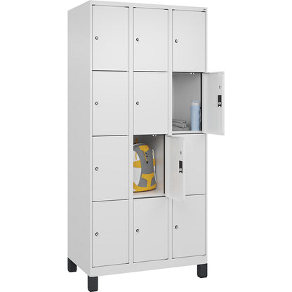 Evolo PLUS 4-fold compartment locker, 3 compartments, white, W 900 mm, 12 compartments, with wide feet, cylinder lock.
