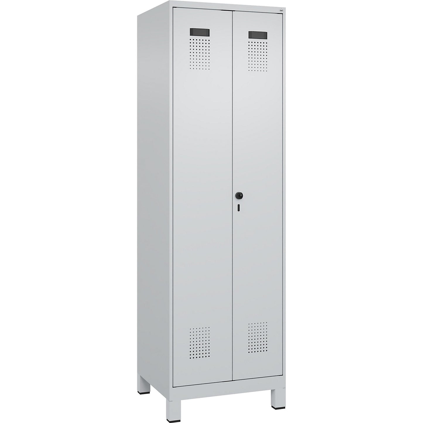 Evolo PLUS clean and dirty locker, 1 compartment, shortened centre divider, light grey, W 600 mm, with wide feet, security rotary bolt.