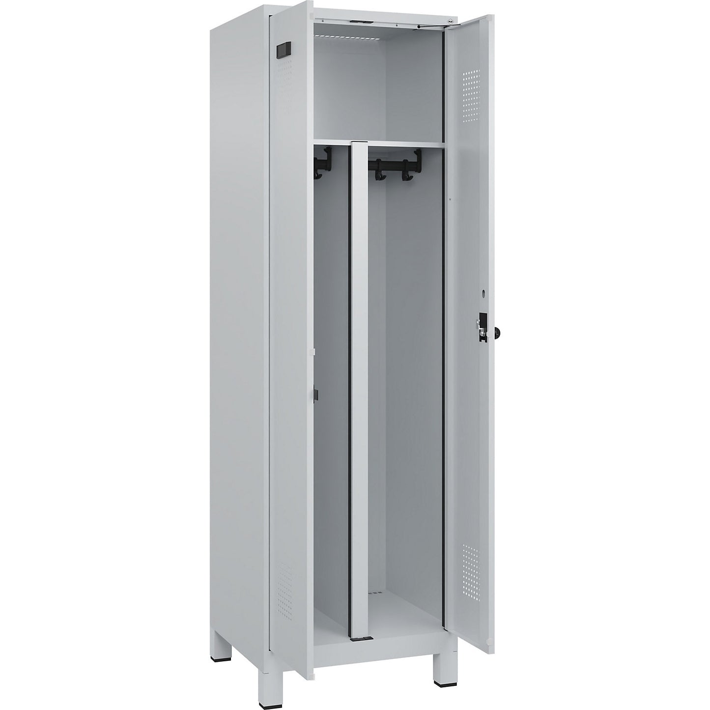 Evolo PLUS clean and dirty locker, 1 compartment, shortened centre divider, light grey, W 600 mm, with wide feet, security rotary bolt.