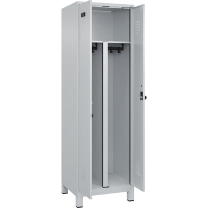 Evolo PLUS clean and dirty locker, 1 compartment, shortened centre divider, light grey, W 600 mm, with wide feet, security rotary bolt.