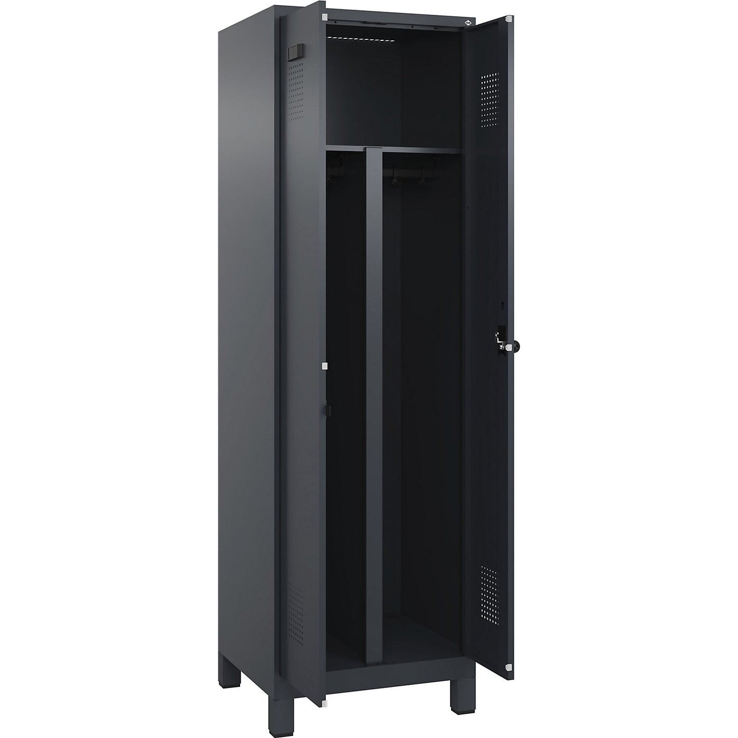 Evolo PLUS clean and dirty locker, 1 compartment, shortened centre divider, grey, W 600 mm, with wide feet, security rotary bolt.