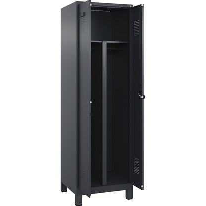 Evolo PLUS clean and dirty locker, 1 compartment, shortened centre divider, grey, W 600 mm, with wide feet, security rotary bolt.