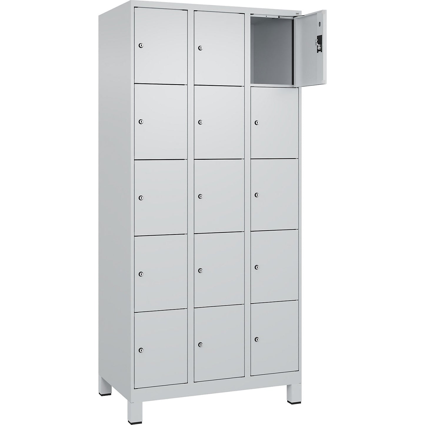 Evolo PLUS 5-fold compartment locker, 3 compartments, light grey, W 900 mm, 15 compartments, with wide feet, cylinder lock.