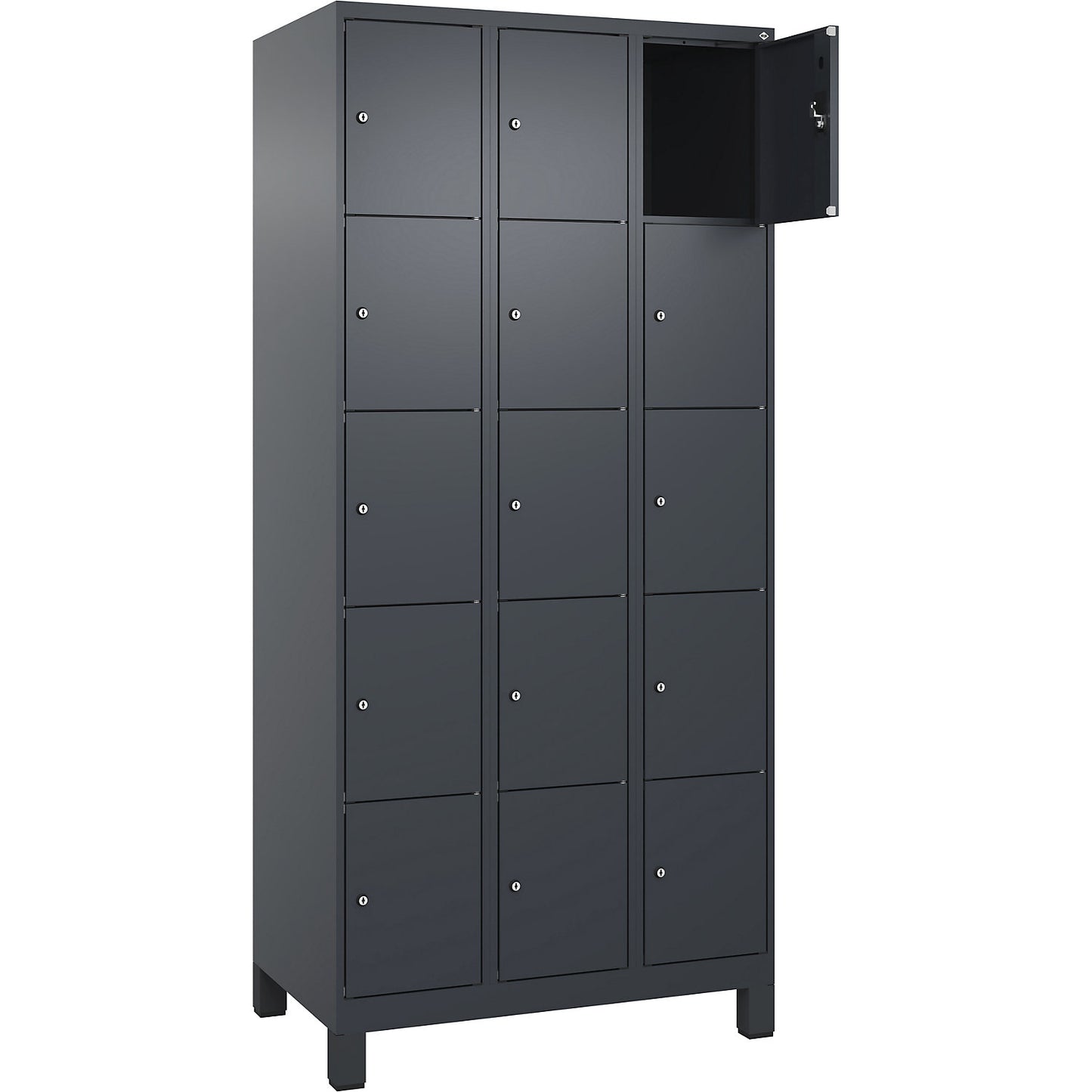 Evolo PLUS 5-fold compartment locker, 3 compartments, grey, W 900 mm, 15 compartments, with wide feet, cylinder lock.