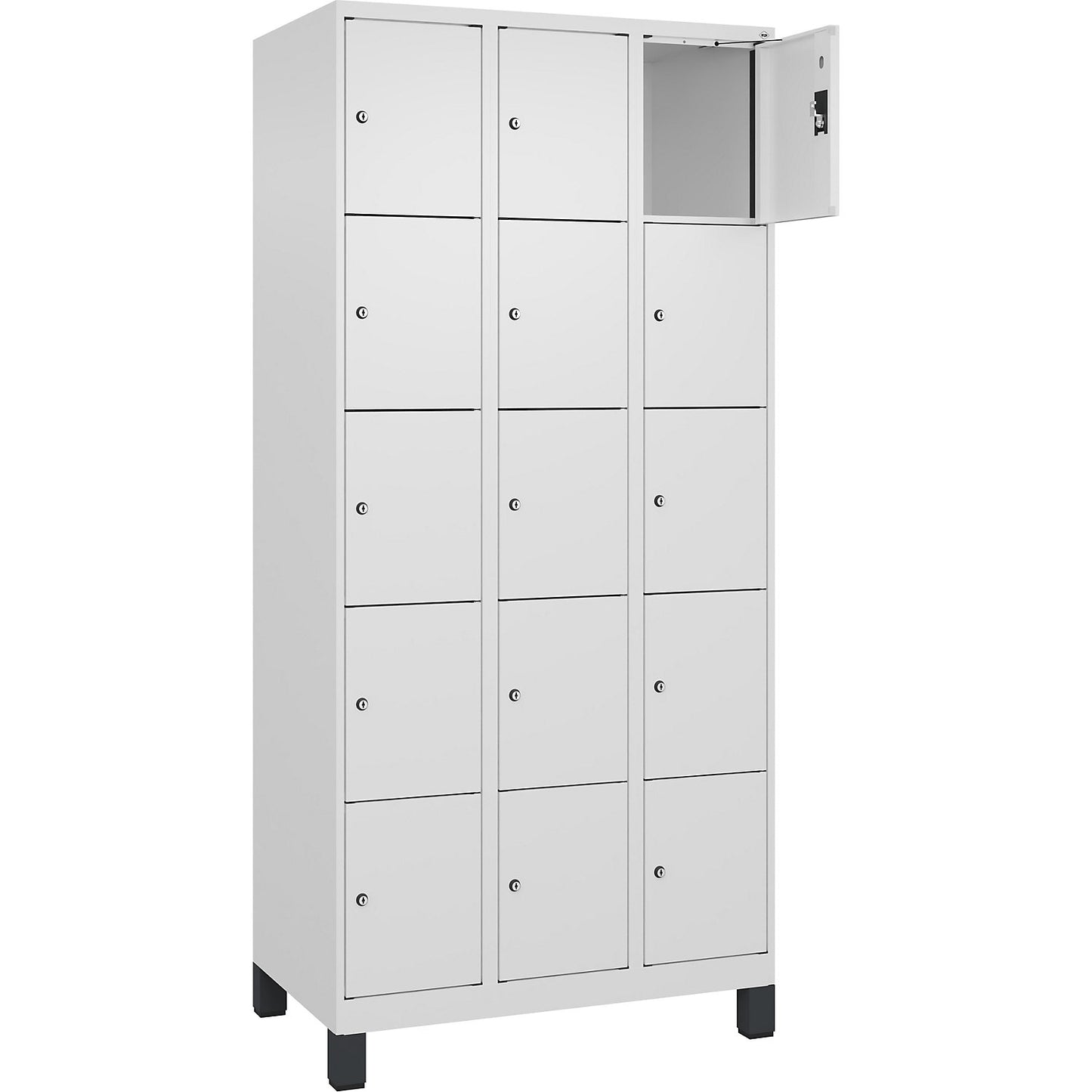 Evolo PLUS 5-fold compartment locker, 3 compartments, white, W 900 mm, 15 compartments, with wide feet, cylinder lock.