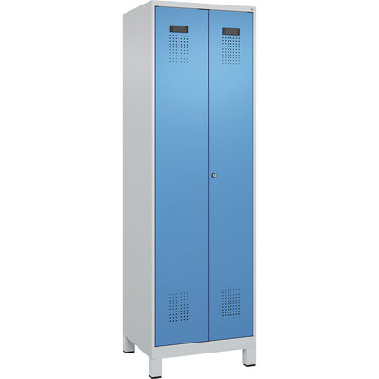 Evolo PLUS clean and dirty locker, 1 compartment, shortened centre divider, light grey / light blue, W 600 mm, with wide feet, cylinder lock.