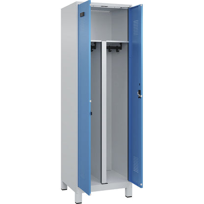 Evolo PLUS clean and dirty locker, 1 compartment, shortened centre divider, light grey / light blue, W 600 mm, with wide feet, cylinder lock.