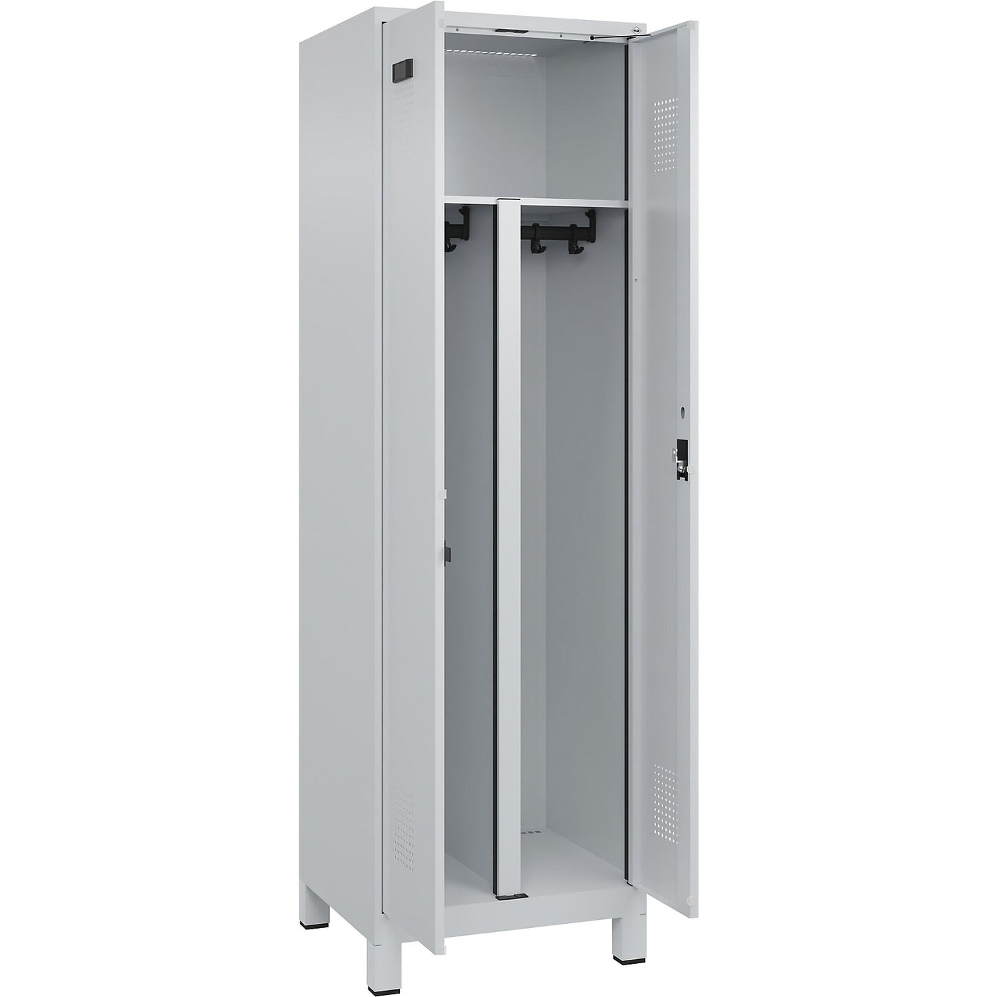 Evolo PLUS clean and dirty locker, 1 compartment, shortened centre divider, light grey, W 600 mm, with wide feet, cylinder lock.