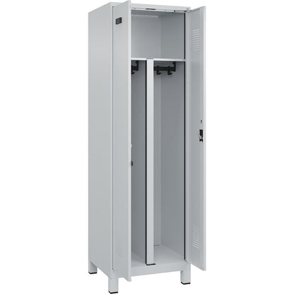 Evolo PLUS clean and dirty locker, 1 compartment, shortened centre divider, light grey, W 600 mm, with wide feet, cylinder lock.
