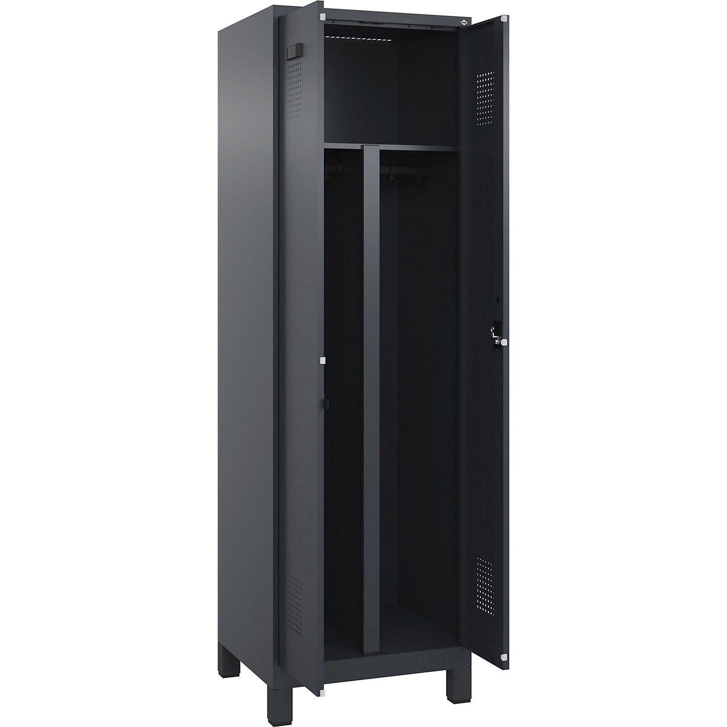 Evolo PLUS clean and dirty locker, 1 compartment, shortened centre divider, grey, W 600 mm, with wide feet, cylinder lock.
