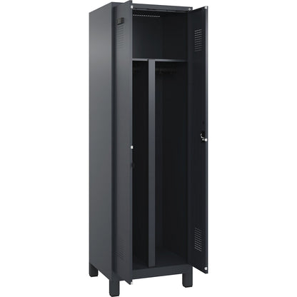 Evolo PLUS clean and dirty locker, 1 compartment, shortened centre divider, grey, W 600 mm, with wide feet, cylinder lock.