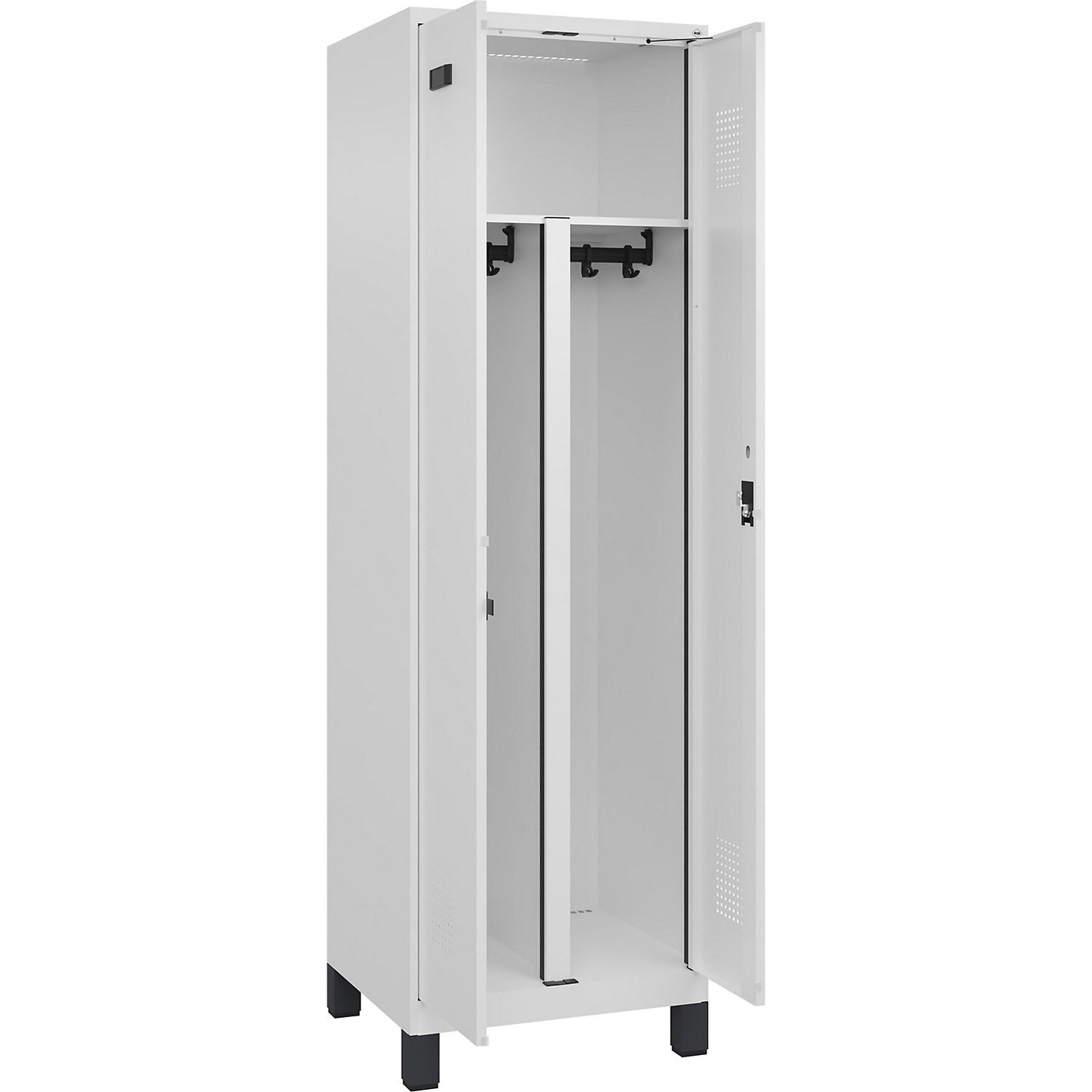 Evolo PLUS clean and dirty locker, 1 compartment, shortened centre divider, white, W 600 mm, with wide feet, cylinder lock.