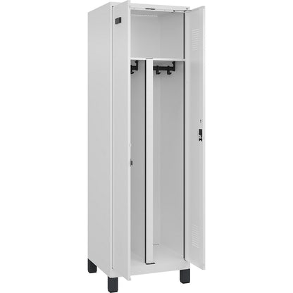 Evolo PLUS clean and dirty locker, 1 compartment, shortened centre divider, white, W 600 mm, with wide feet, cylinder lock.