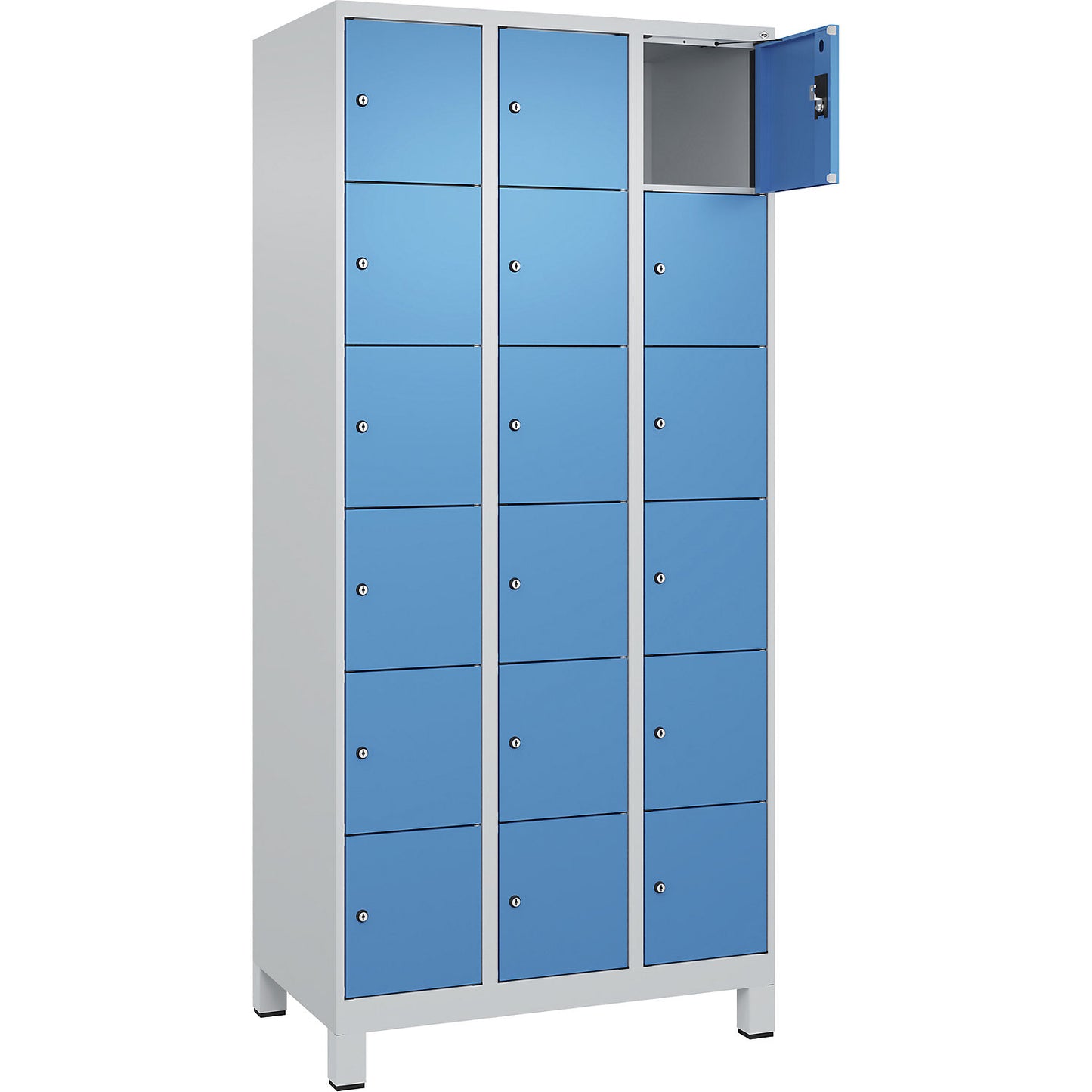 Evolo PLUS 6-fold compartment locker, 3 compartments, light grey / light blue, W 900 mm, 18 compartments, with wide feet, cylinder lock.