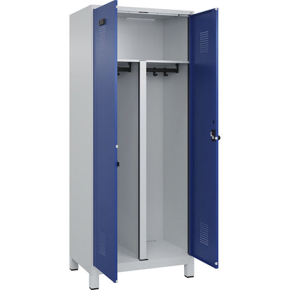 Evolo PLUS clean and dirty locker, 1 compartment, shortened centre divider, light grey / gentian blue, W 800 mm, with wide feet, security rotary bolt.