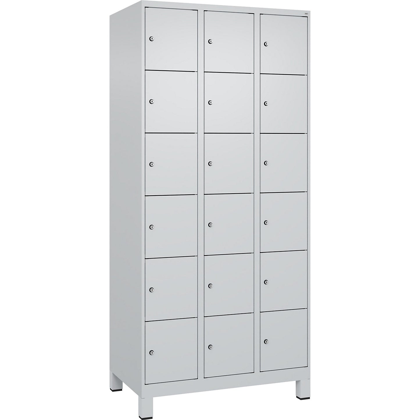Evolo PLUS 6-fold compartment locker, 3 compartments, light grey, W 900 mm, 18 compartments, with wide feet, cylinder lock.