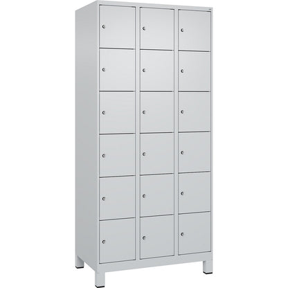 Evolo PLUS 6-fold compartment locker, 3 compartments, light grey, W 900 mm, 18 compartments, with wide feet, cylinder lock.