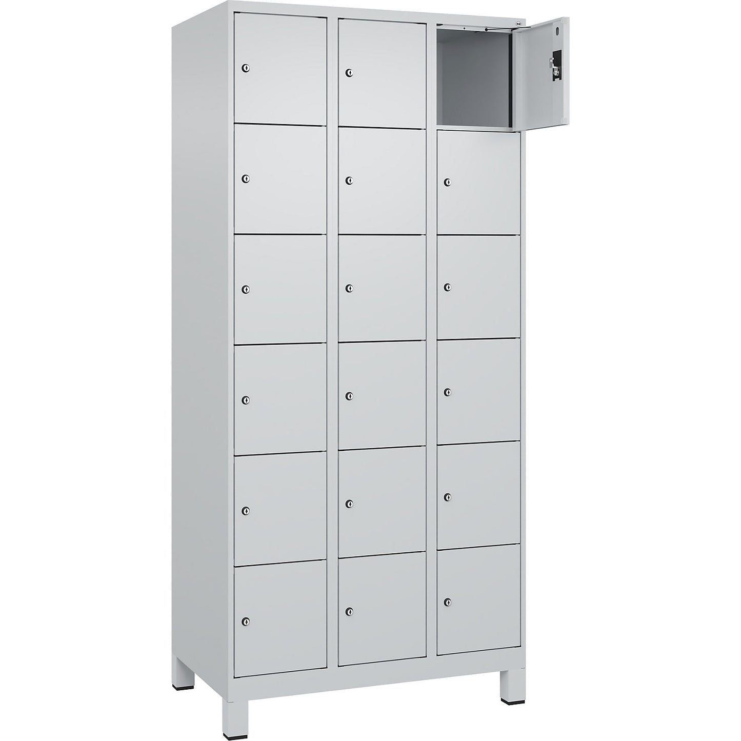 Evolo PLUS 6-fold compartment locker, 3 compartments, light grey, W 900 mm, 18 compartments, with wide feet, cylinder lock.