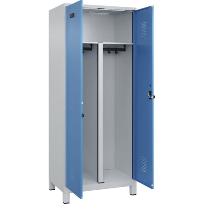 Evolo PLUS clean and dirty locker, 1 compartment, shortened centre divider, light grey / light blue, W 800 mm, with wide feet, security rotary bolt.