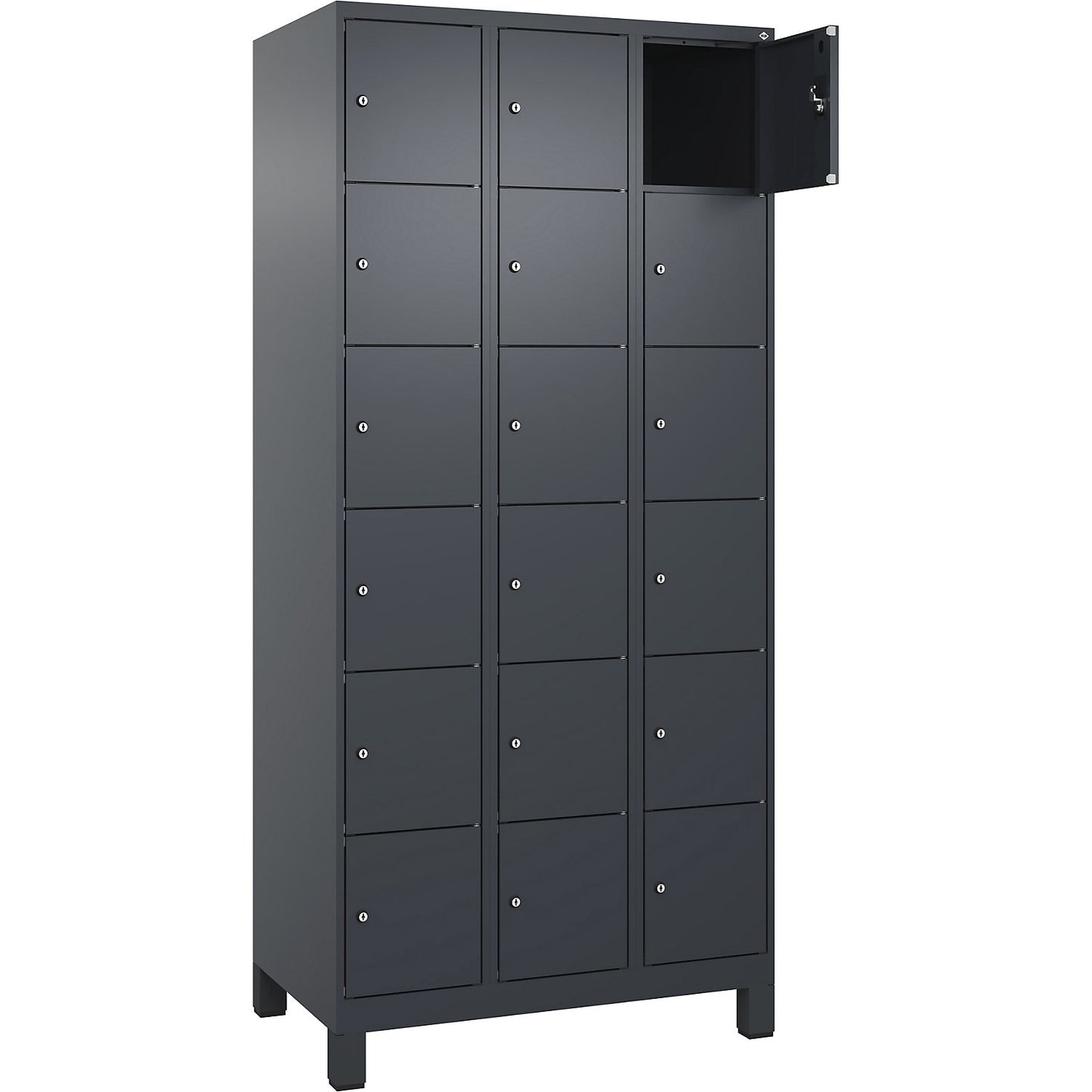 Evolo PLUS 6-fold compartment locker, 3 compartments, grey, W 900 mm, 18 compartments, with wide feet, cylinder lock.