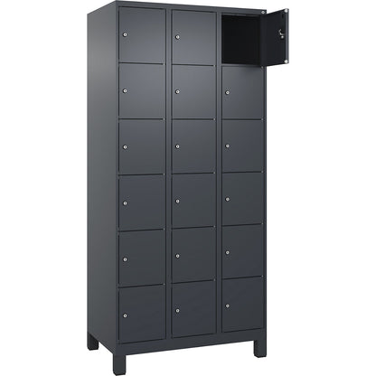 Evolo PLUS 6-fold compartment locker, 3 compartments, grey, W 900 mm, 18 compartments, with wide feet, cylinder lock.
