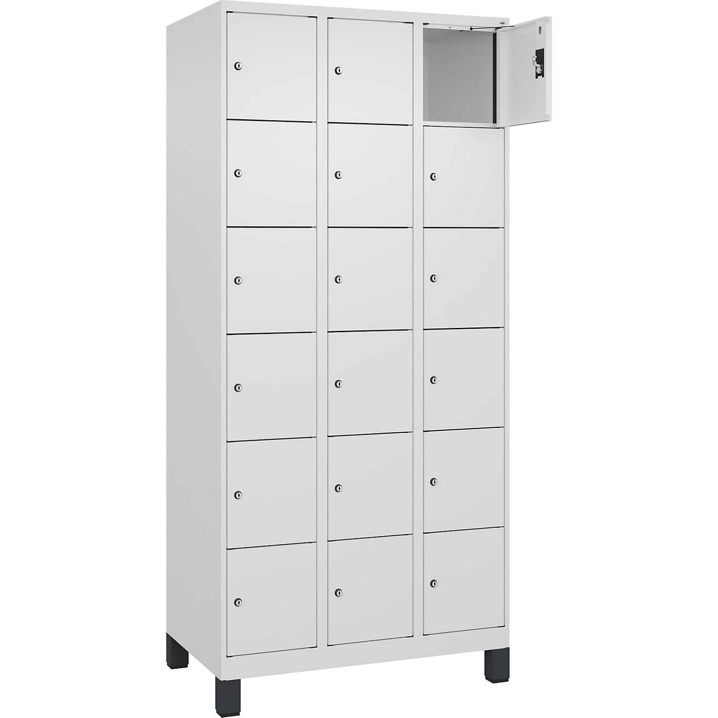 Evolo PLUS 6-fold compartment locker, 3 compartments, white, W 900 mm, 18 compartments, with wide feet, cylinder lock.