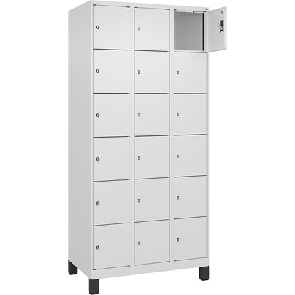 Evolo PLUS 6-fold compartment locker, 3 compartments, white, W 900 mm, 18 compartments, with wide feet, cylinder lock.