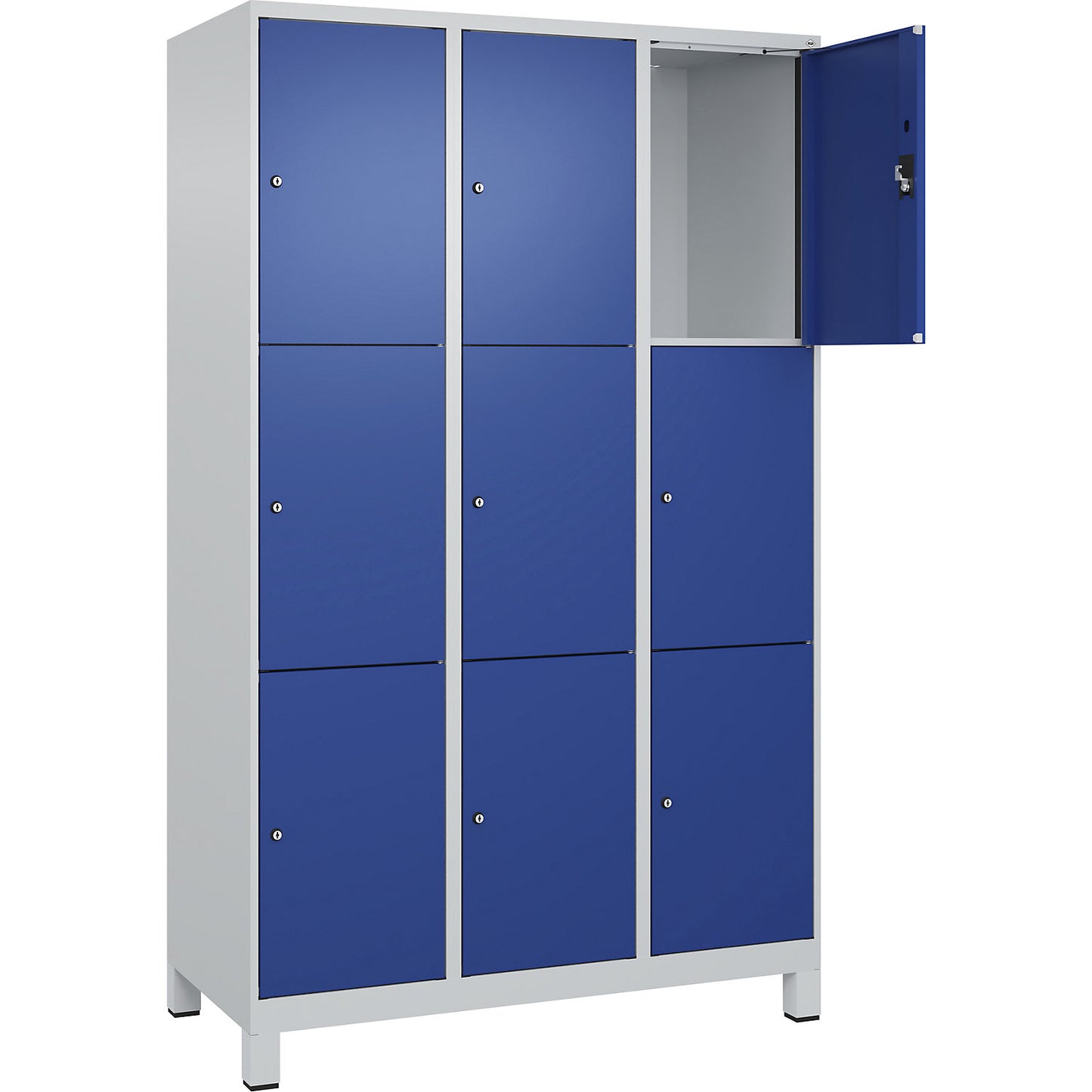Evolo PLUS 3-fold compartment locker, 3 compartments, light grey / gentian blue, W 1200 mm, 9 compartments, with wide feet, cylinder lock.