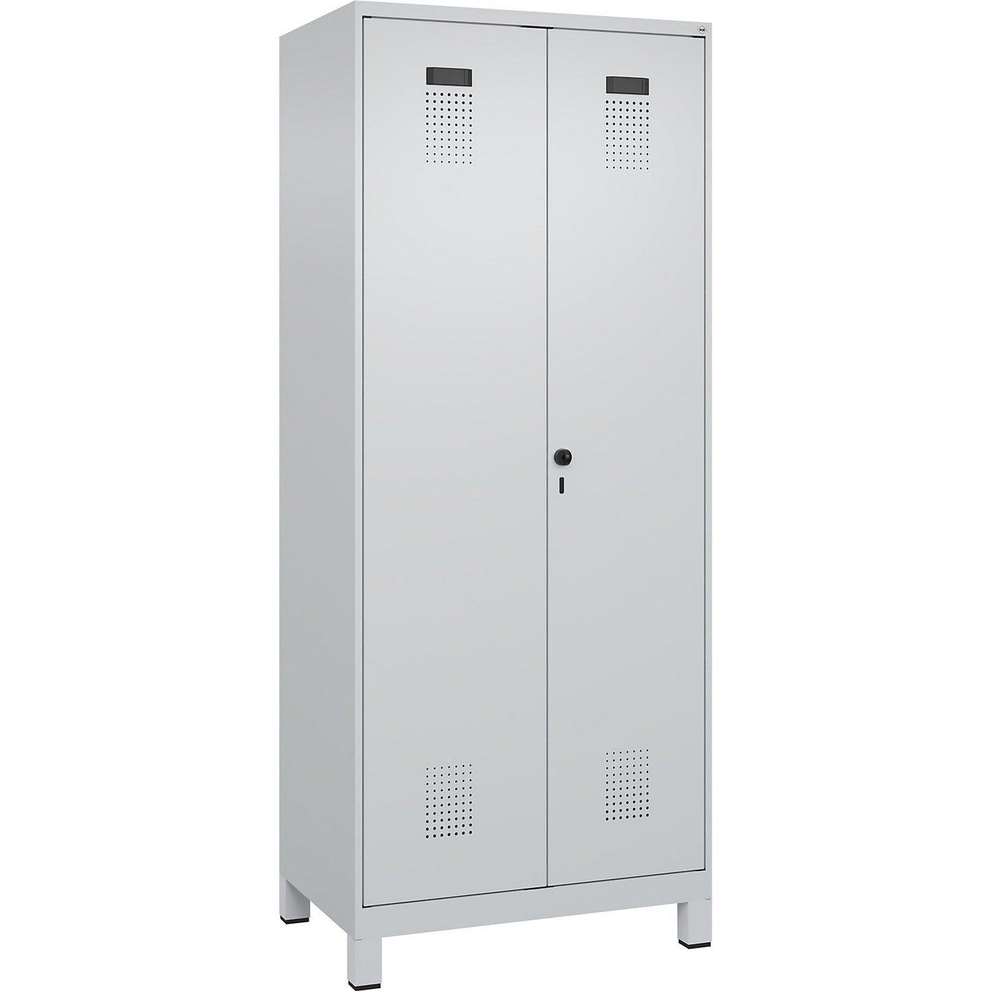 Evolo PLUS clean and dirty locker, 1 compartment, shortened centre divider, light grey, W 800 mm, with wide feet, security rotary bolt.