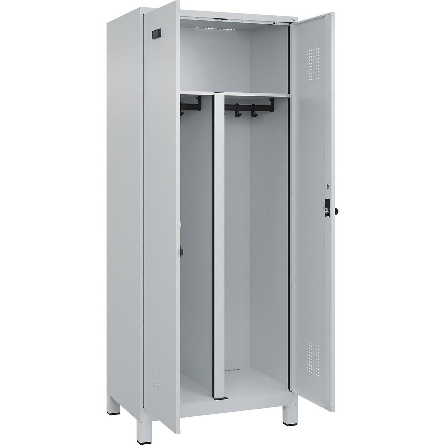 Evolo PLUS clean and dirty locker, 1 compartment, shortened centre divider, light grey, W 800 mm, with wide feet, security rotary bolt.
