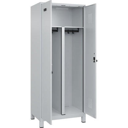 Evolo PLUS clean and dirty locker, 1 compartment, shortened centre divider, light grey, W 800 mm, with wide feet, security rotary bolt.