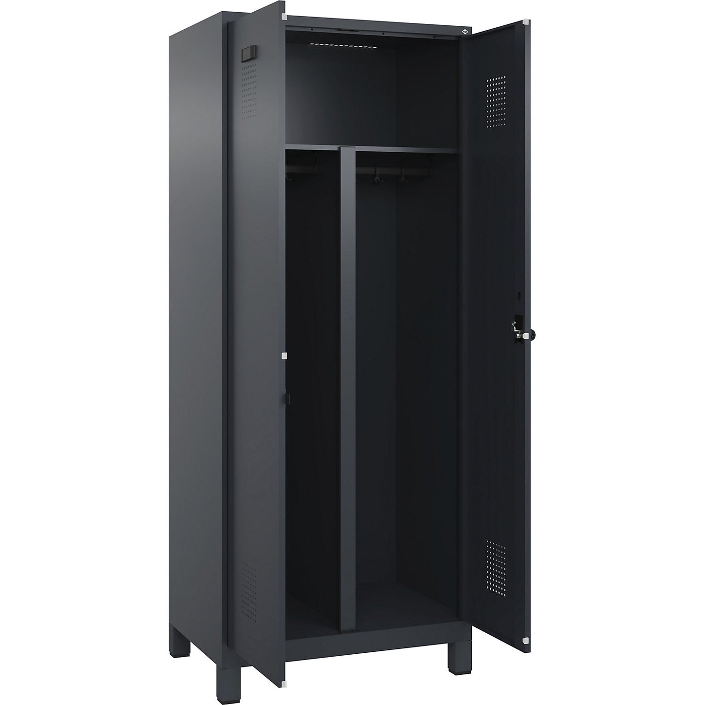 Evolo PLUS clean and dirty locker, 1 compartment, shortened centre divider, grey, W 800 mm, with wide feet, security rotary bolt.