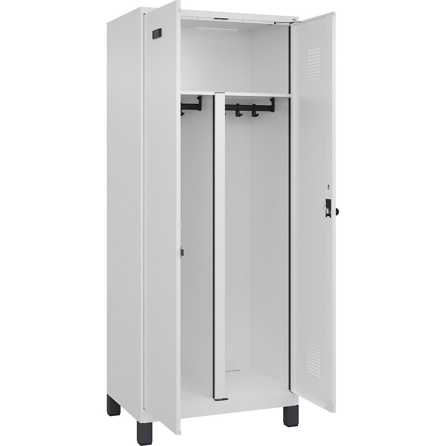 Evolo PLUS clean and dirty locker, 1 compartment, shortened centre divider, white, W 800 mm, with wide feet, security rotary bolt.