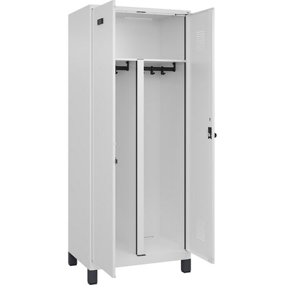 Evolo PLUS clean and dirty locker, 1 compartment, shortened centre divider, white, W 800 mm, with wide feet, security rotary bolt.