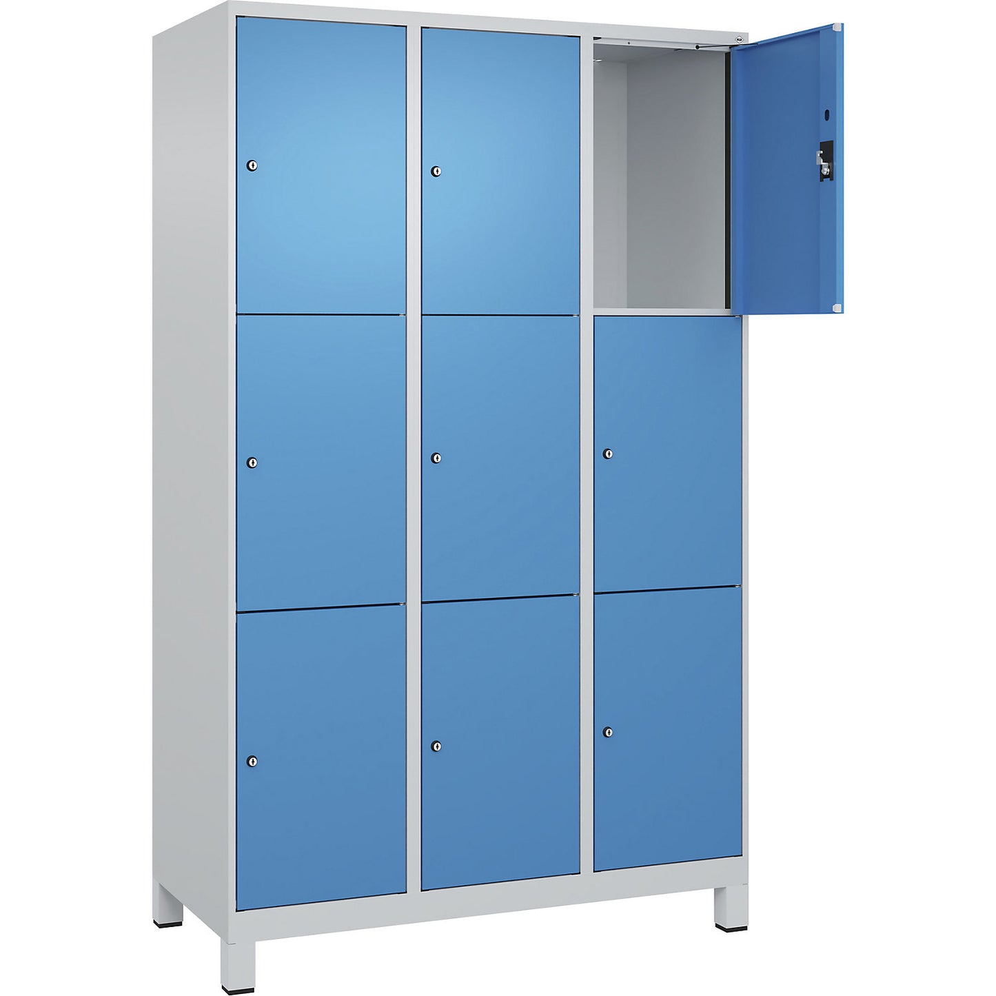 Evolo PLUS 3-fold compartment locker, 3 compartments, light grey / light blue, W 1200 mm, 9 compartments, with wide feet, cylinder lock.