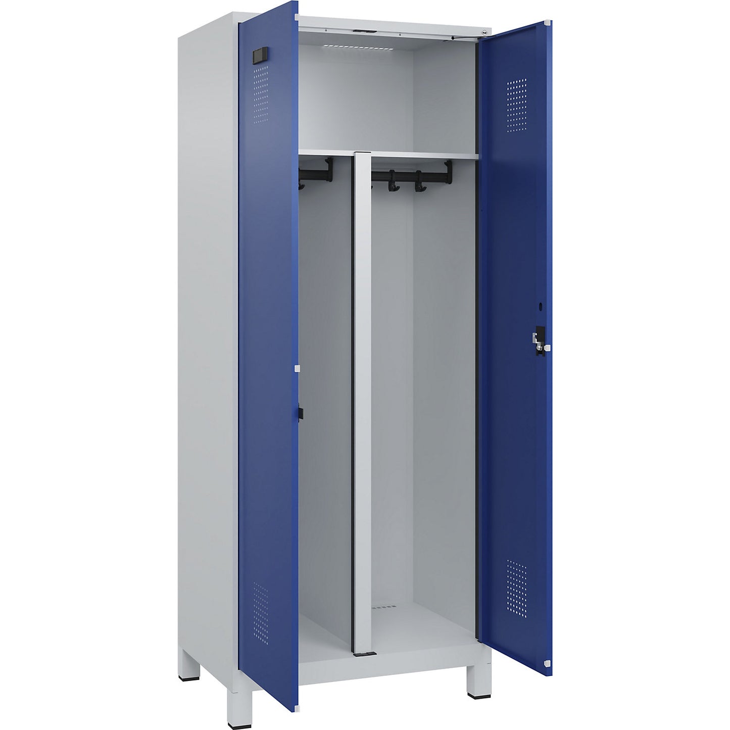 Evolo PLUS clean and dirty locker, 1 compartment, shortened centre divider, light grey / gentian blue, W 800 mm, with wide feet, cylinder lock.