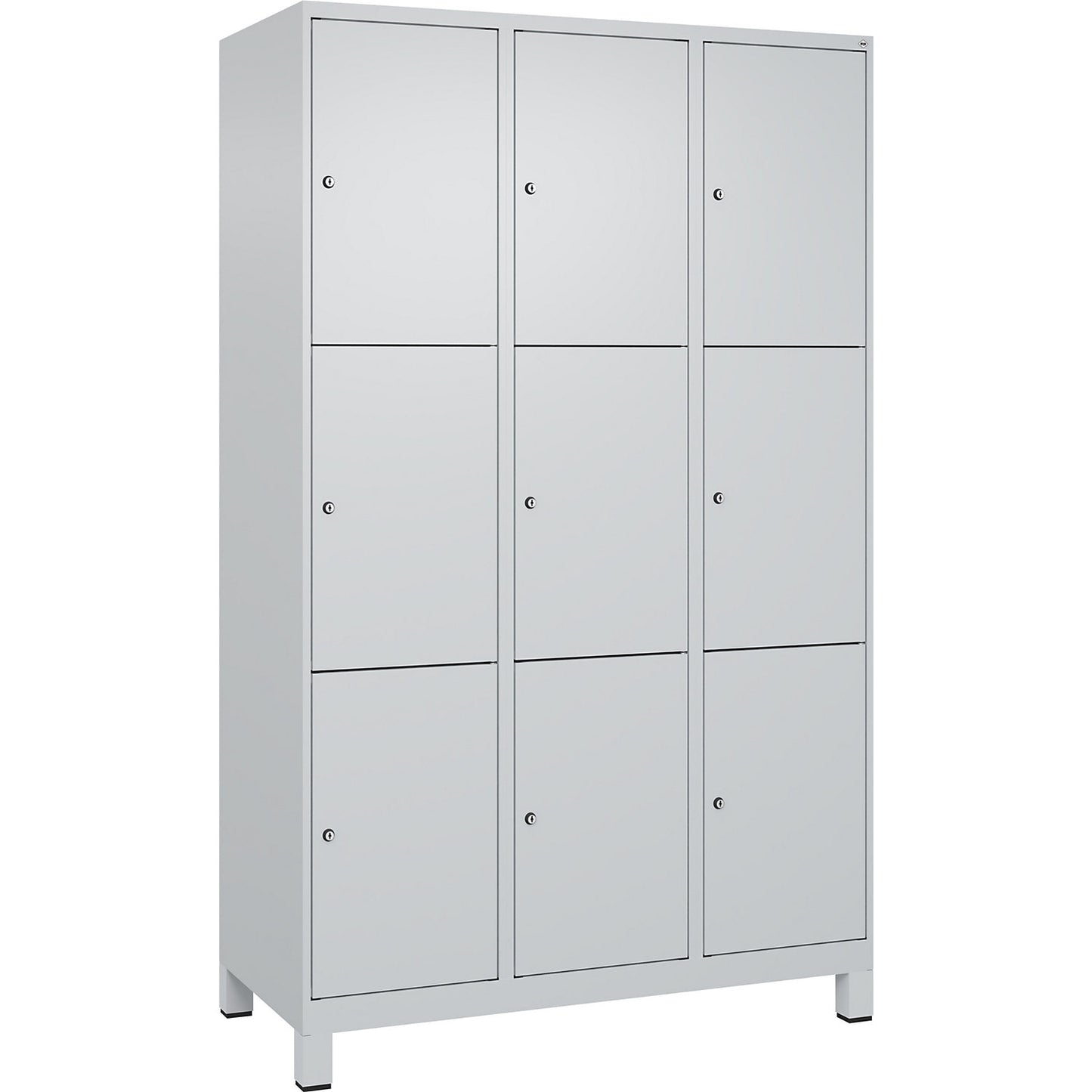 Evolo PLUS 3-fold compartment locker, 3 compartments, light grey, W 1200 mm, 9 compartments, with wide feet, cylinder lock.